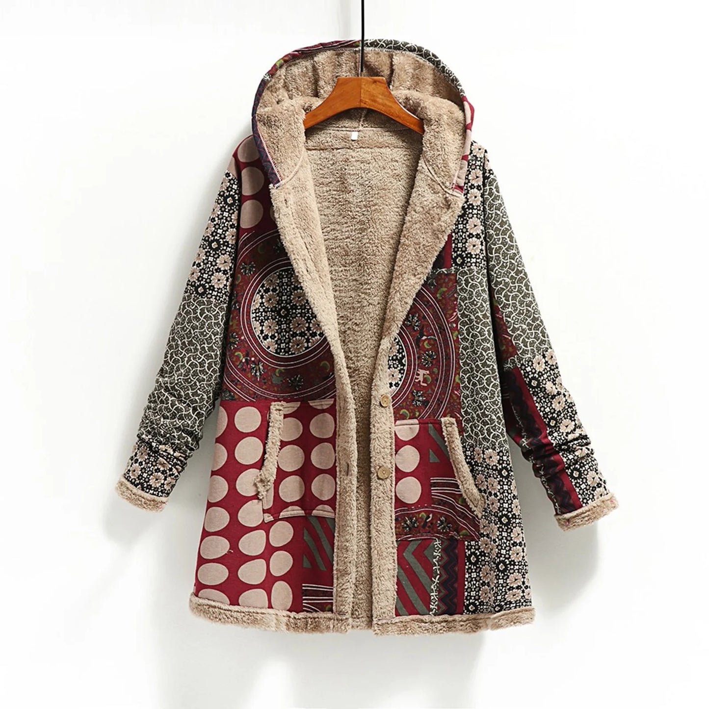 Fall Winter Fleece Jacket for Women Vintage Solid Color Long Sleeve Hooded Pocket plus Velvet Casual Button Warm Outwear Coat (V02_Khaki,Xl)