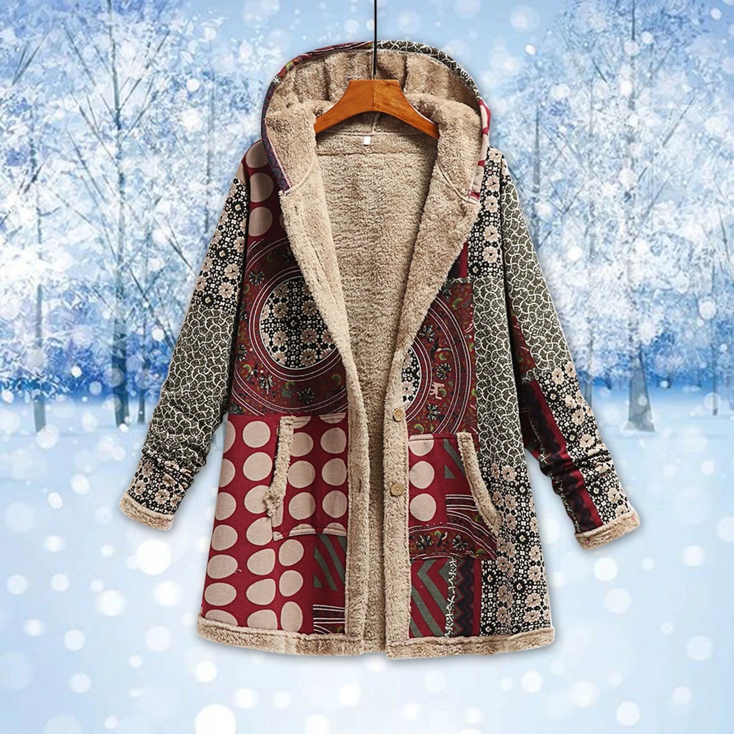 Fall Winter Fleece Jacket for Women Vintage Solid Color Long Sleeve Hooded Pocket plus Velvet Casual Button Warm Outwear Coat (V02_Khaki,Xl)
