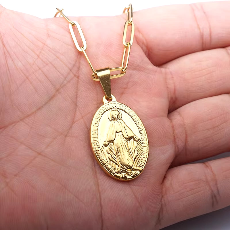 Stainless Steel Virgin Mary Necklace for Women Gold/Silver Color Metal Virgen Maria Medalla Cross Necklace Choker Religious