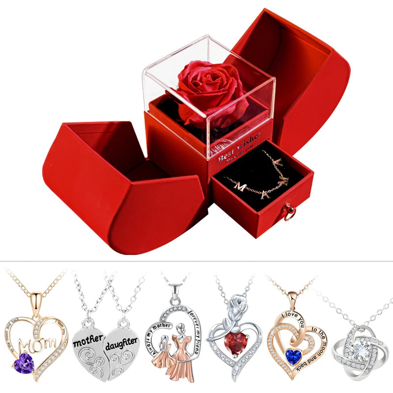 Gift for Women Eternal Rose Gift Box /W Heart Shiny Diamond Necklace Pendant Jewelry Box Set for Wedding Birthday Gift